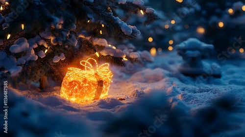 Festive glowing bag of gifts resting under a decorated Christmas tree surrounded by snow photo