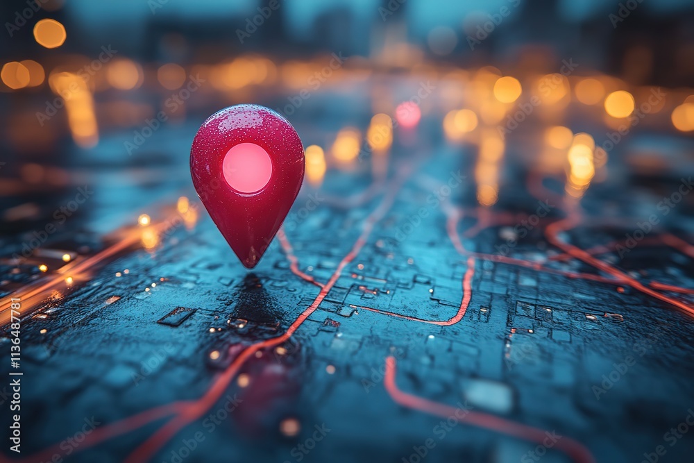 Night Navigation: Digital Map Marker in Cityscape Night Navigation: Digital Map Marker in Cityscape