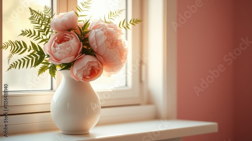 Fototapeta Naklejka Na Ścianę i Meble -  Sunlit pink peonies in a vase on a windowsill