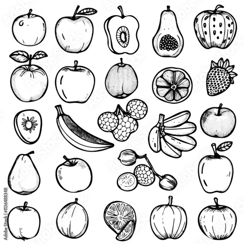 Famous Fruits in doodle style. Vector hand-drawn black line design elements. Global favorites like apples, oranges, and bananas.
