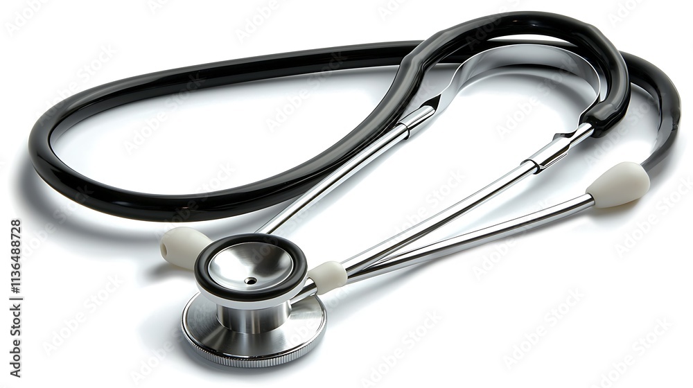 Stethoscope on a white background, focused on the metal part. Stethoscope on a white background, focused on the metal part.