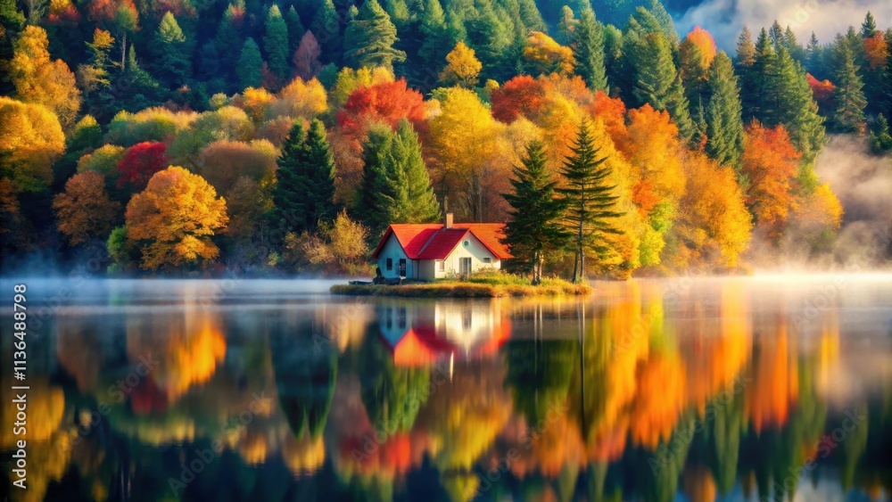 Naklejka premium Serene Autumn Lake House Reflection in Vibrant Foliage