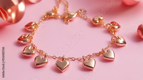 Elegant Gold Heart Charm Bracelet on Soft Pink Background