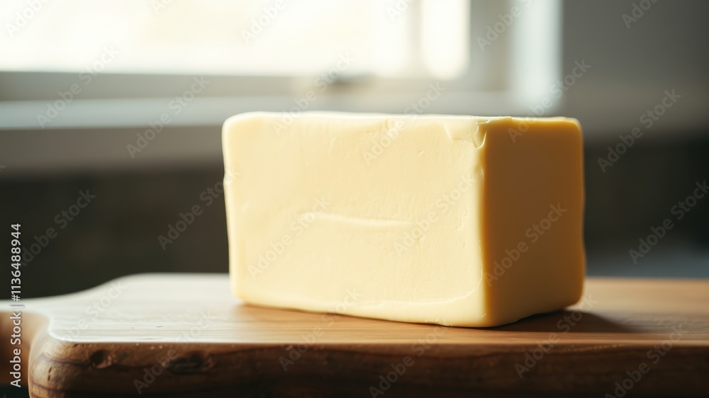 A block of unsalted butter sits on a wooden cutting board near a bright window A block of unsalted butter sits on a wooden cutting board near a bright window