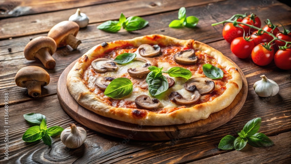 Delectable mushroom pizza on rustic wooden board with fresh basil and tomatoes Delectable mushroom pizza on rustic wooden board with fresh basil and tomatoes