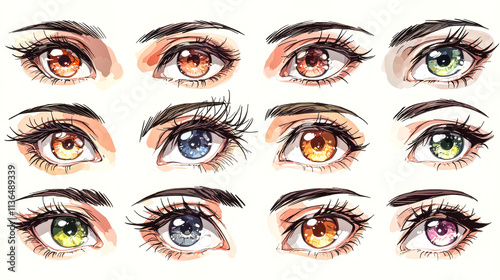 Collection of twelve diverse female eyes illustrations.