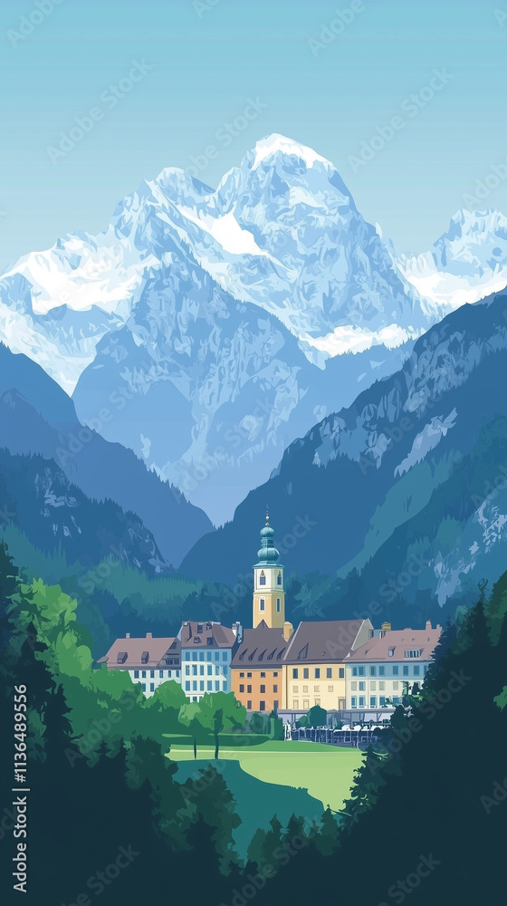 Fototapeta premium Illustration, Cityscape of Berchtesgaden in the German Alps, Germany, touristic advertisement poster. Must-see touristic spot ,Mockup for touristic poster, advertisement. Beautiful travel destination,