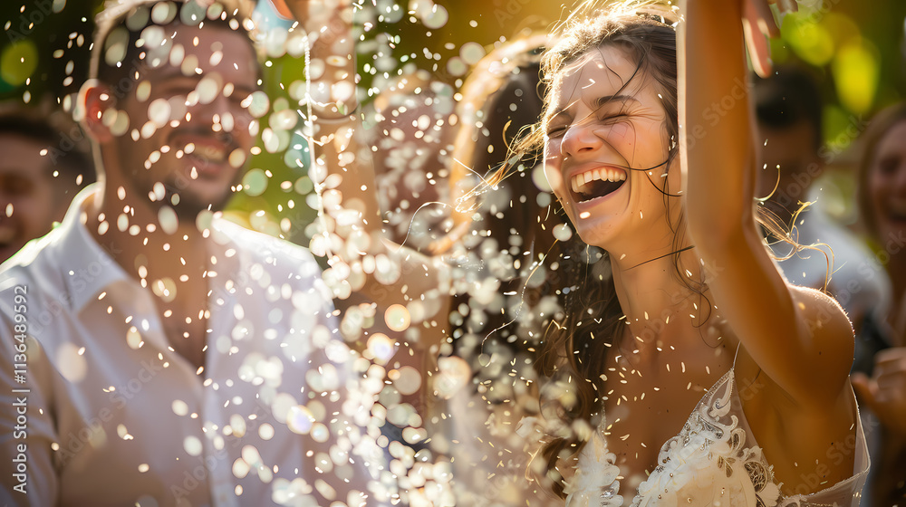 Obraz premium Joyful Wedding Celebration: Bride and Groom showered in celebratory bubbles, radiant smiles and pure happiness, joyful wedding day, outdoor wedding, summer wedding, love, romance, marriage, couple.