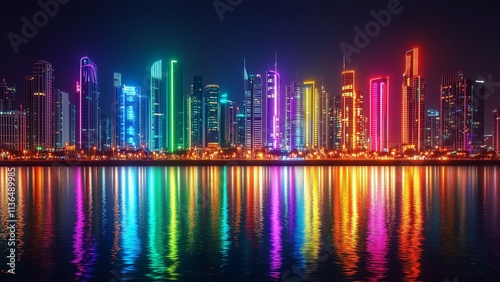 Wallpaper Mural A glowing neon cityscape reflecting in a calm river, filled with futuristic lights in every shade of the rainbow, dynamic and cinematic Torontodigital.ca