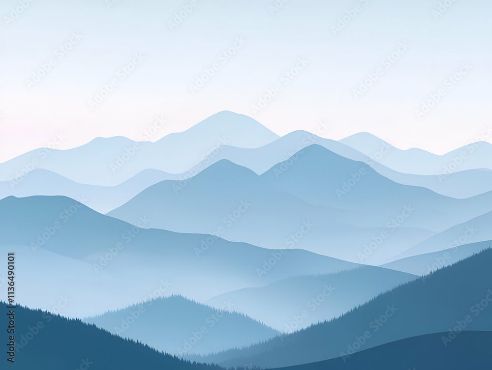 Serene layered mountains create a tranquil atmosphere in soft blue hues. Serene layered mountains create a tranquil atmosphere in soft blue hues.