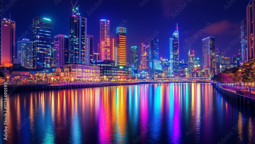 A glowing neon cityscape reflecting in a calm river, filled with futuristic lights in every shade of the rainbow, dynamic and cinematic A glowing neon cityscape reflecting in a calm river, filled with futuristic lights in every shade of the rainbow, dynamic and cinematic