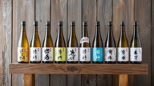 Assorted Japanese Sake Bottles and Ceramic Cups