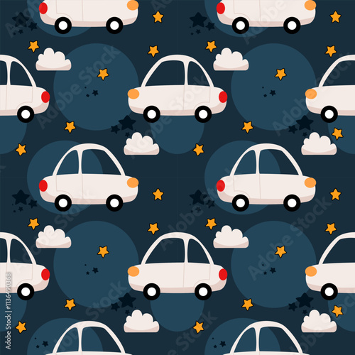 Car white on sky night cartoon so cute. On star cloud background. Pattern seamless vector illustration. 
