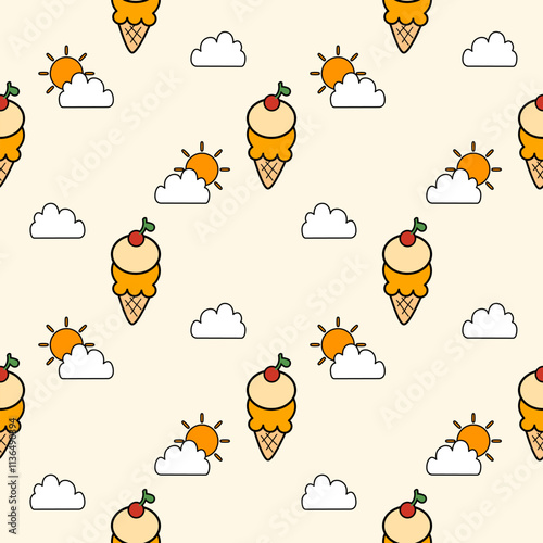 Ice cream cheery cartoon so cute. On cloud sun background. Pattern seamless vector illustration. 

