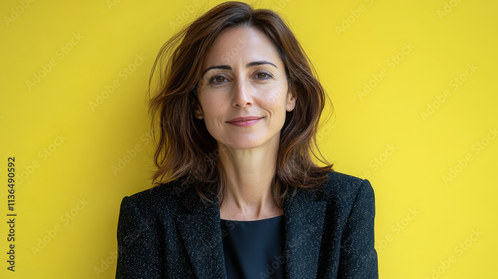 Obraz premium Confident woman poses against a bright yellow background in a professional setting
