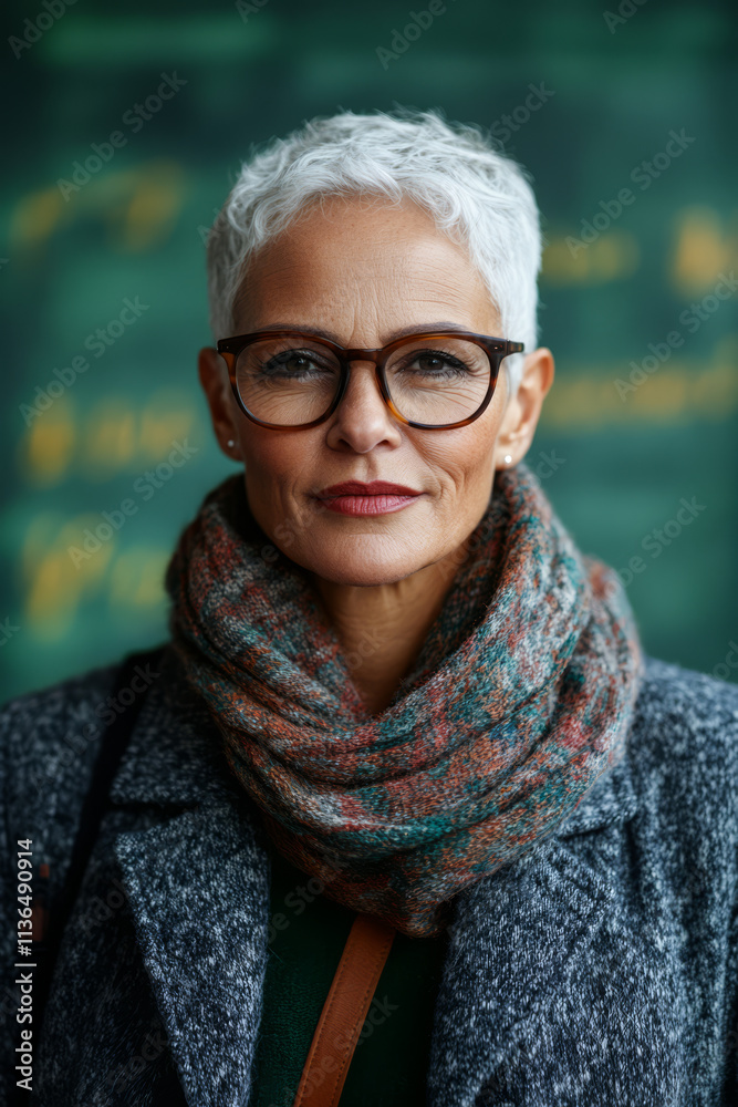 Confident older woman with short white hair and glasses wearing a stylish scarf in urban setting Confident older woman with short white hair and glasses wearing a stylish scarf in urban setting