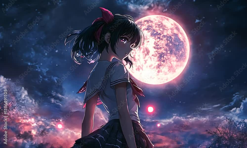 A girl in a school uniform stands against a glowing moon, surrounded by a starry sky. A girl in a school uniform stands against a glowing moon, surrounded by a starry sky.