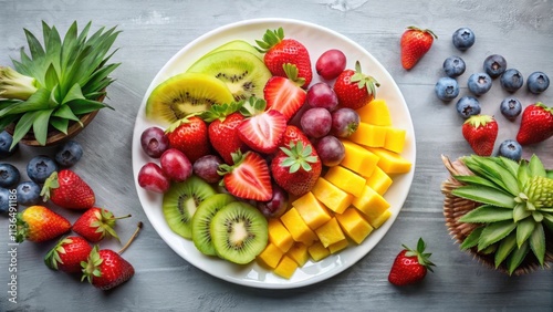 A vibrant assortment of fresh-cut fruits arranged artfully on a plate, including strawberries, kiwi, mango, and grapes, complemented by blueberries and small potted plants.