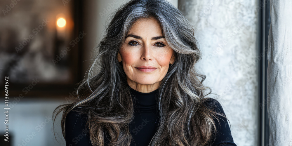 Captivating portrait of a woman with long gray hair in an elegant indoor setting Captivating portrait of a woman with long gray hair in an elegant indoor setting