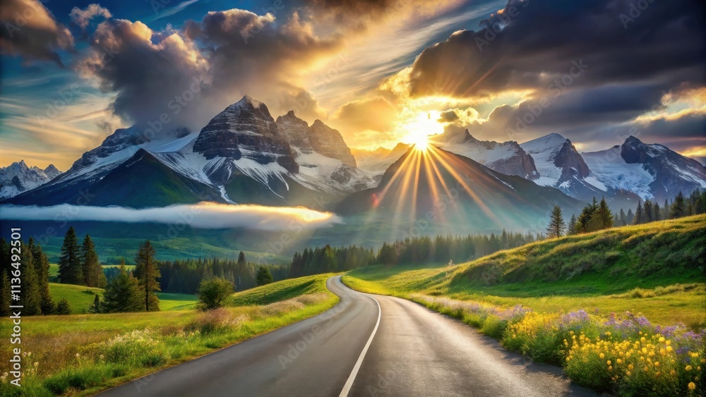 Obraz premium Asphalt road winding through a scenic mountain valley at sunrise