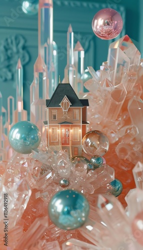 Magical Miniature Tiny Glowing House Nestled in Crystal Forest with Soft, Floating Orbs