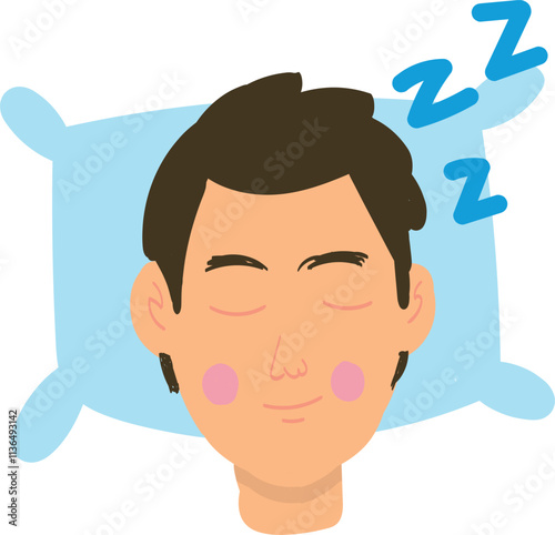 Illustration of a person lying on a pillow with their head facing upwards, and three blue Z symbols above their head indicating sleep. The pillow is light blue, and the person's hair is dark brown.
