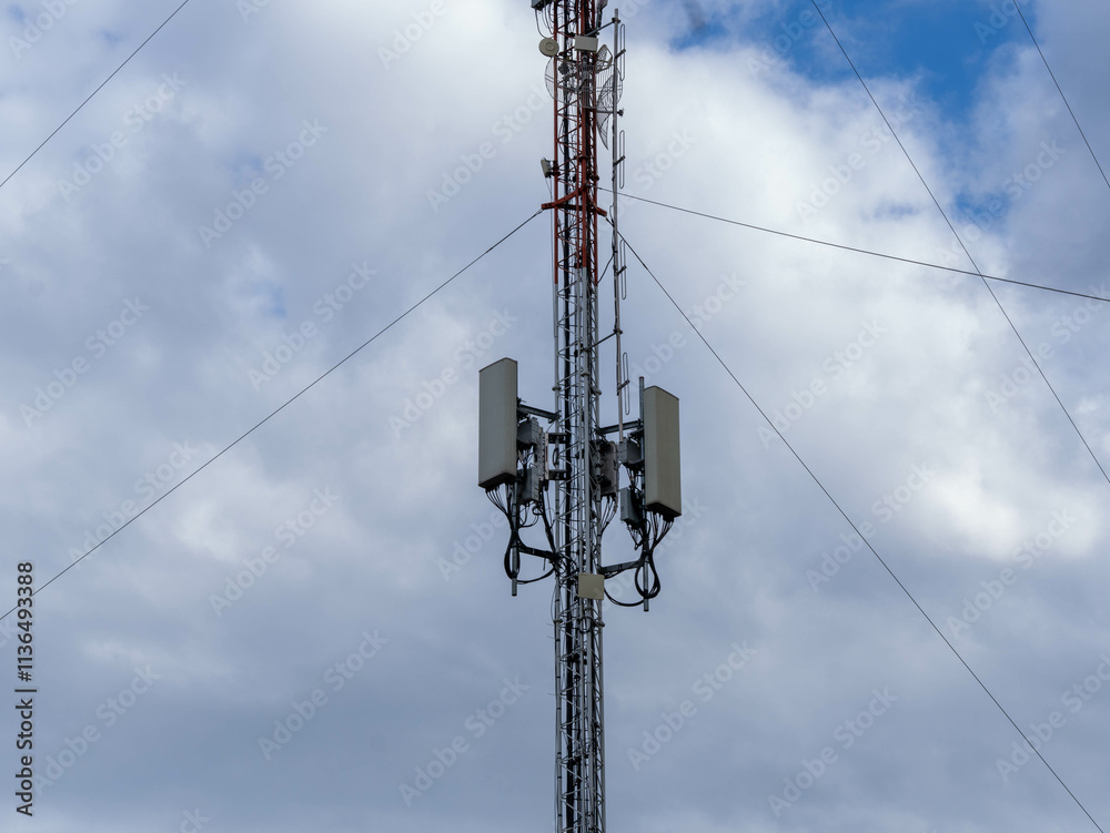 Telephone antenna telecommunication network on the sky background. Technology communication network Telephone antenna telecommunication network on the sky background. Technology communication network