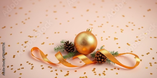 Elegant gold bauble nestled on a blush pink background adorned with a satin ribbon and festive golden confetti. photo