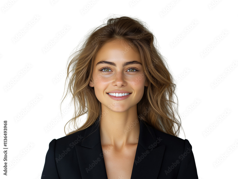 A smiling woman with wavy hair wearing asuit, isolated on a clean white background. Concept of confidence, professionalism, elegance. Ai generative. A smiling woman with wavy hair wearing asuit, isolated on a clean white background. Concept of confidence, professionalism, elegance. Ai generative.