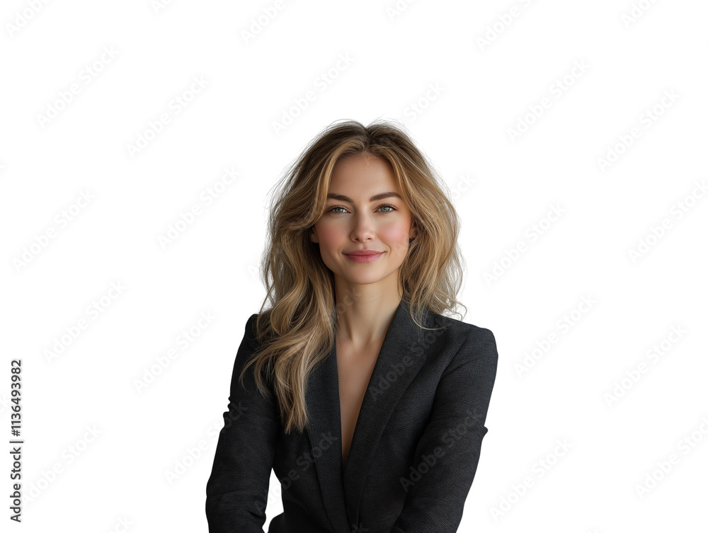 Smiling woman with long blonde hair wearing a dark blazer, isolated on clean white background. Professional and elegant concept. Ai generative Smiling woman with long blonde hair wearing a dark blazer, isolated on clean white background. Professional and elegant concept. Ai generative