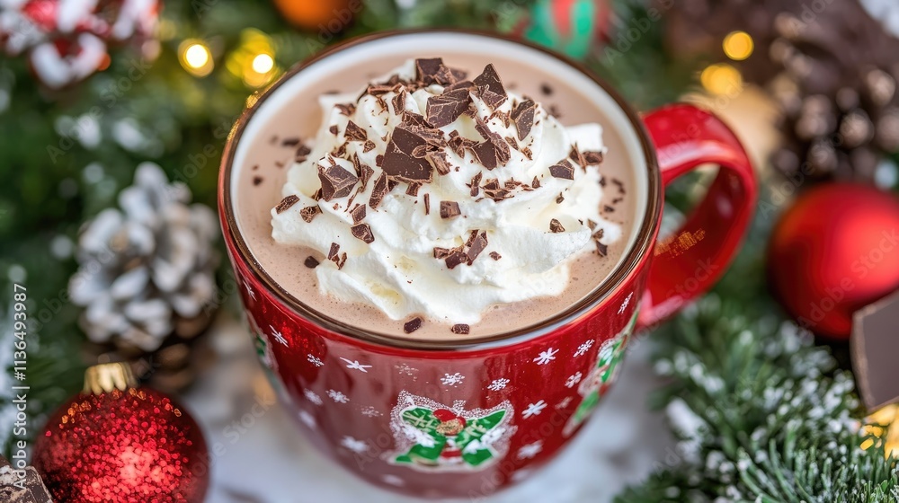Cozy Holiday Hot Chocolate in Festive Red Mug with Whipped Cream Cozy Holiday Hot Chocolate in Festive Red Mug with Whipped Cream