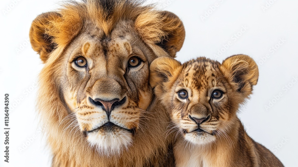 Lion and its cub pose together against white background Lion and its cub pose together against white background