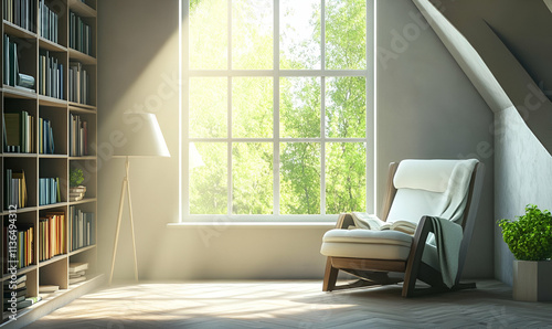 A serene reading nook with natural light, bookshelves, and a cozy chair by the window.