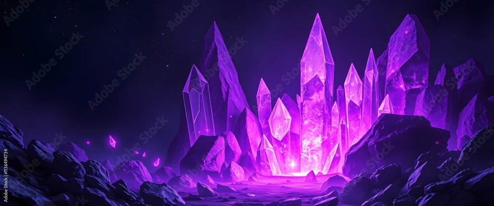 A mystical landscape featuring towering purple crystals illuminated by soft light, creating an enchanting and magical atmosphere. A mystical landscape featuring towering purple crystals illuminated by soft light, creating an enchanting and magical atmosphere.