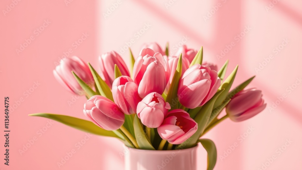 A delicate bouquet of pink tulips in a vase, bathed in soft sunlight against a pale pink background. A delicate bouquet of pink tulips in a vase, bathed in soft sunlight against a pale pink background.