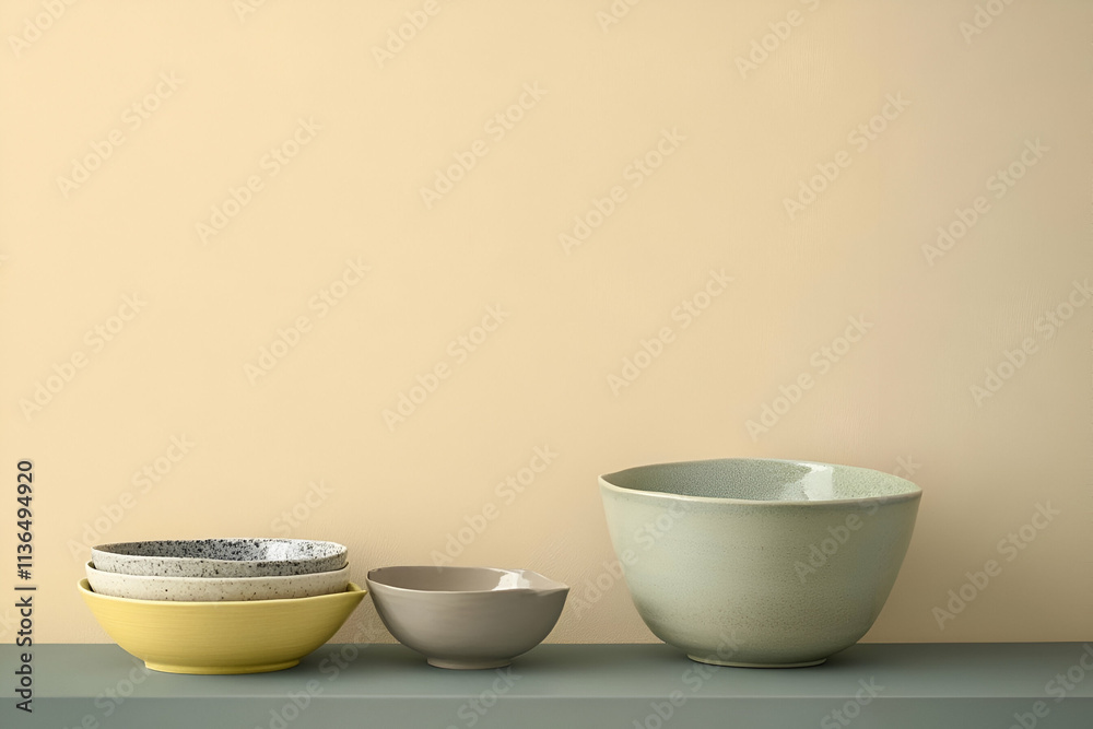 A collection of bowls in various sizes and colors arranged on a shelf against a neutral backdrop. A collection of bowls in various sizes and colors arranged on a shelf against a neutral backdrop.