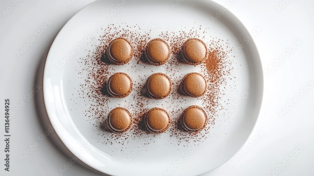 Delicious Chocolate Macarons Arranged Artfully on White Plate Delicious Chocolate Macarons Arranged Artfully on White Plate
