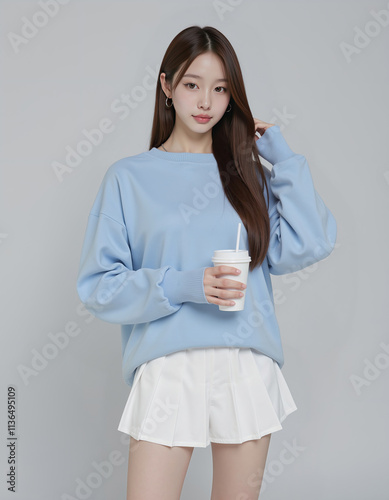Full Body Photo of Asian Girl in Light Blue Loose Sweatshirt and White Short Skirt holding coffee cup Posing Against Simple Background	