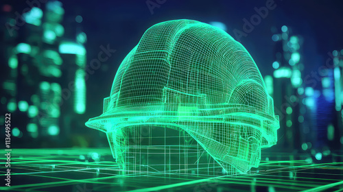 A digital representation of a construction helmet, symbolizing safety and technology in the industry. photo