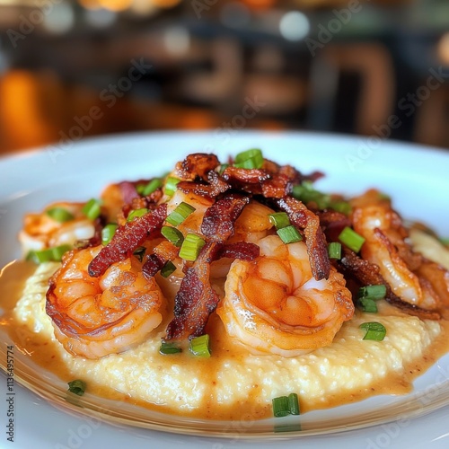 A tempting plate of shrimp and grits with sautéed shrimp, creamy cheddar grits, and a sprinkle of crispy bacon photo