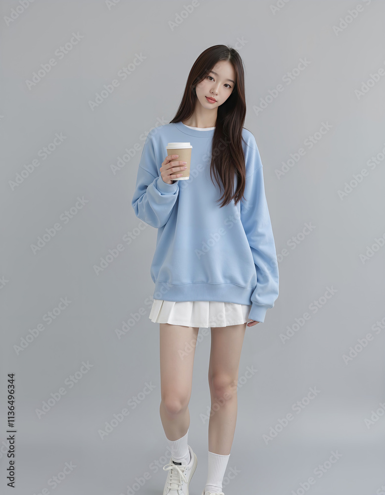 Full Body Photo of Asian Girl in Light Blue Loose Sweatshirt and White Short Skirt holding coffee cup Posing Against Simple Background Full Body Photo of Asian Girl in Light Blue Loose Sweatshirt and White Short Skirt holding coffee cup Posing Against Simple Background