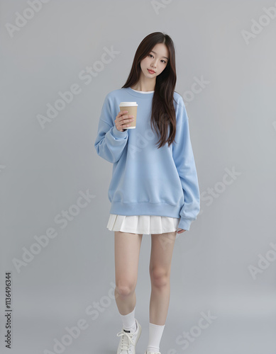 Full Body Photo of Asian Girl in Light Blue Loose Sweatshirt and White Short Skirt holding coffee cup Posing Against Simple Background	