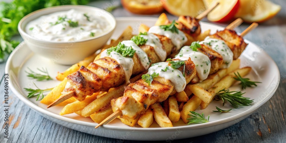 Grilled Chicken Skewers with Creamy Yogurt Sauce and Crispy Fries Grilled Chicken Skewers with Creamy Yogurt Sauce and Crispy Fries