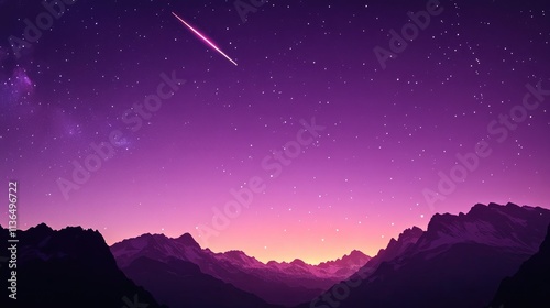 Stunning Purple Night Sky with Stars, Mountain Silhouette, Orange Sunset Glow, Shooting Star Trails, High-Resolution, Insanely Detailed, Professional Color Grading, Soft Shadows, Low Contrast, Sharp F