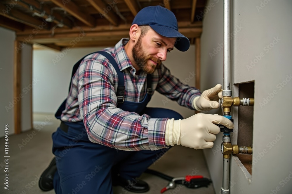 A plumber is installing new pipes in a basement, wearing gloves and a cap. The space is filled with tools, and unfinished walls are visible in the background