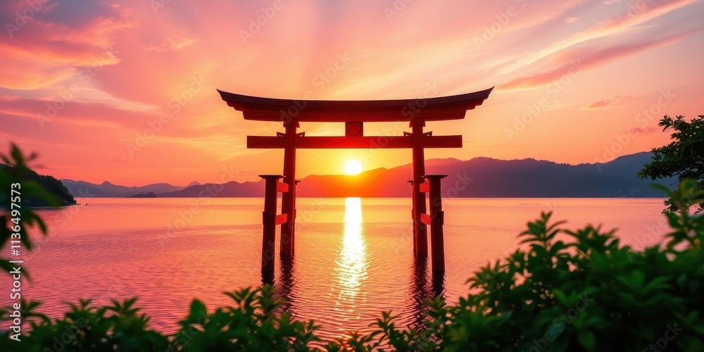 Naklejka premium Serene Sunset Silhouette of a Traditional Asian Gate at Water's Edge