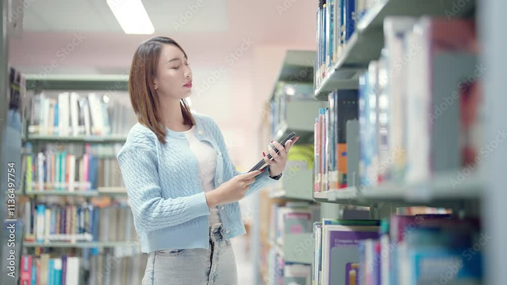 A woman is browsing through a library, looking at books. She is holding a book in her hand and she is interested in it. The library is filled with books of various sizes and colors A woman is browsing through a library, looking at books. She is holding a book in her hand and she is interested in it. The library is filled with books of various sizes and colors
