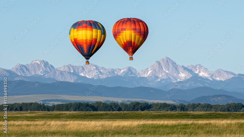 Naklejka premium Two Hot Air Balloons Soaring Over Majestic Mountains