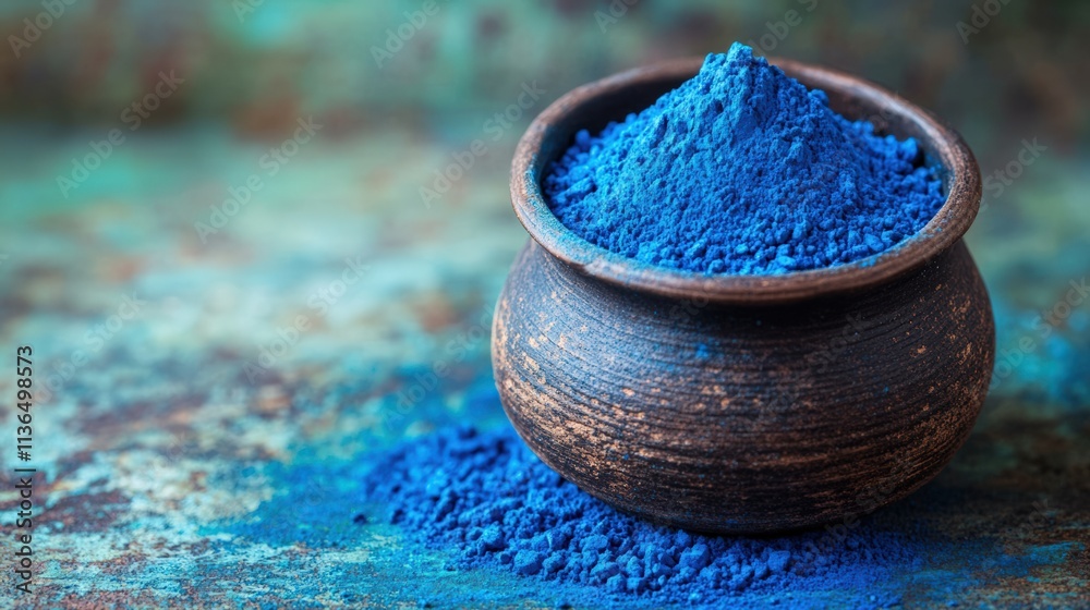 Rustic clay pot filled with bright blue powder on textured background Rustic clay pot filled with bright blue powder on textured background