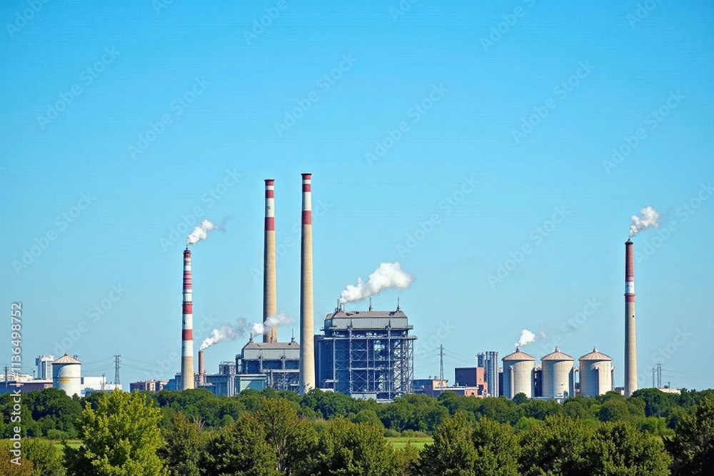 A waste incineration plant with tall smokestacks and large storage areas for garbage. The background shows a clear blue sky and green trees surrounding the facility A waste incineration plant with tall smokestacks and large storage areas for garbage. The background shows a clear blue sky and green trees surrounding the facility